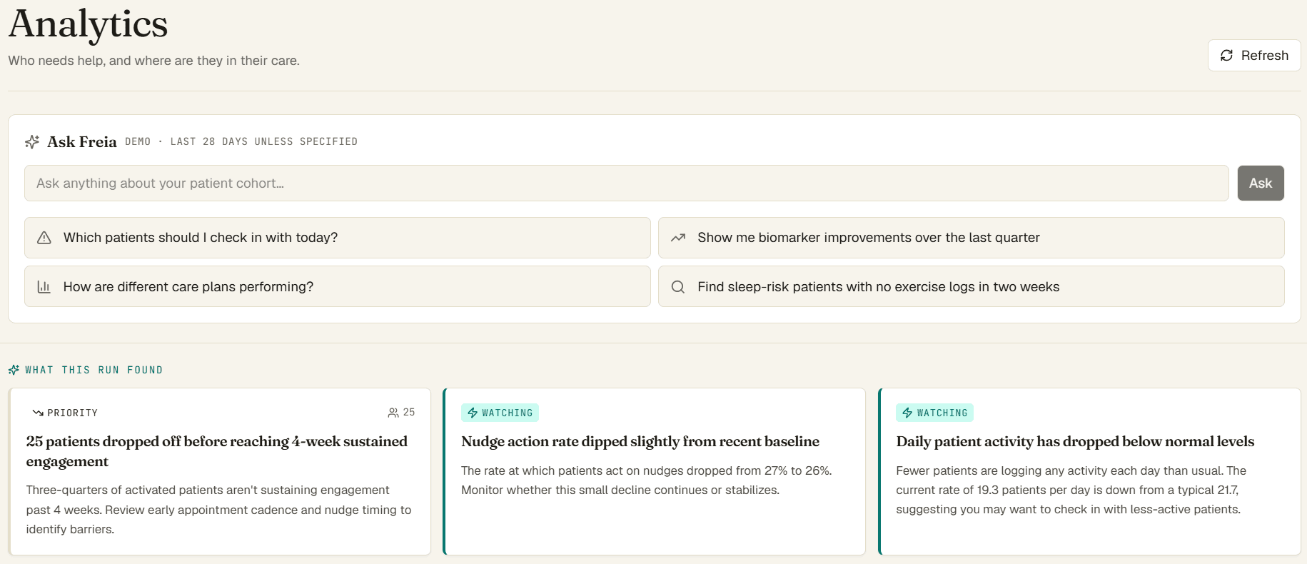 Freia Analytics: Ask Freia search bar with suggested prompts and 'What this run found' insight cards