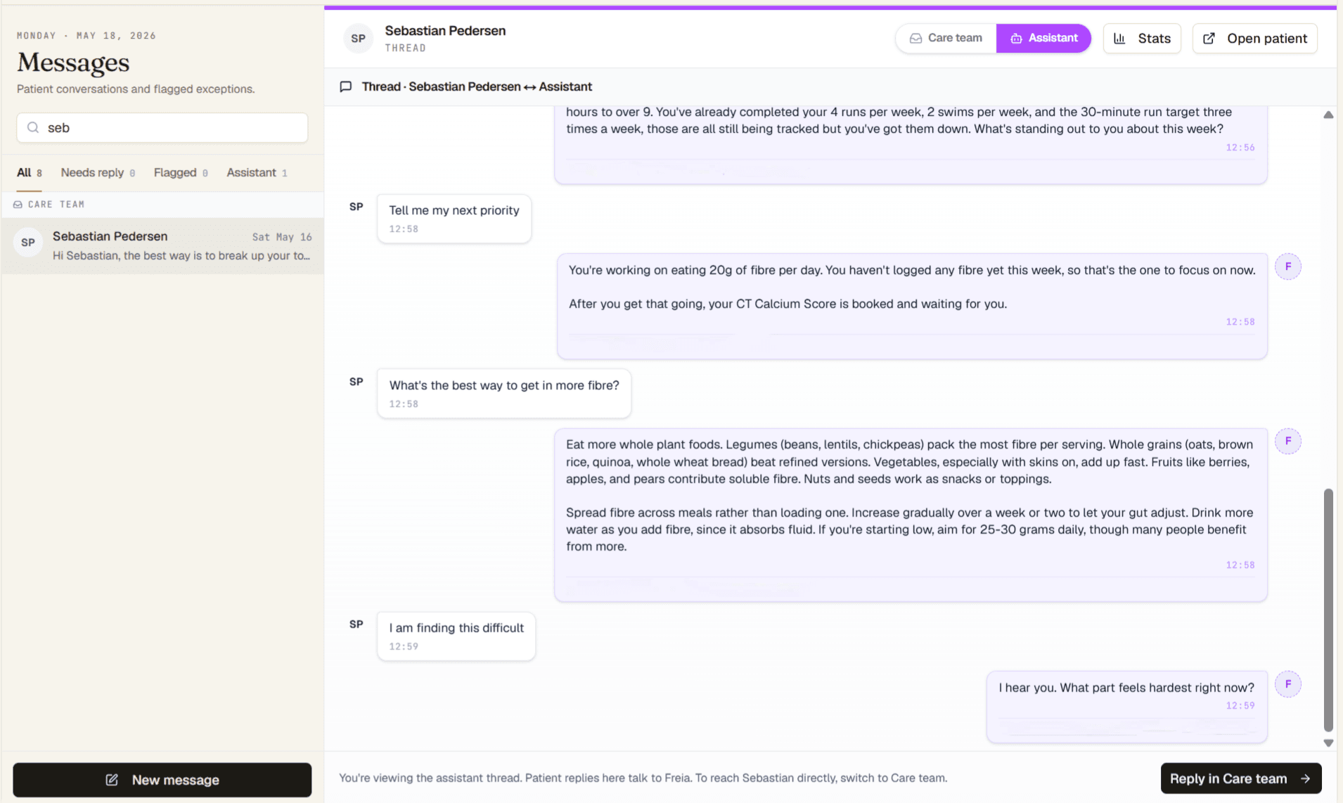 Clinician messages view: AI–patient thread with Reply in Care team handoff